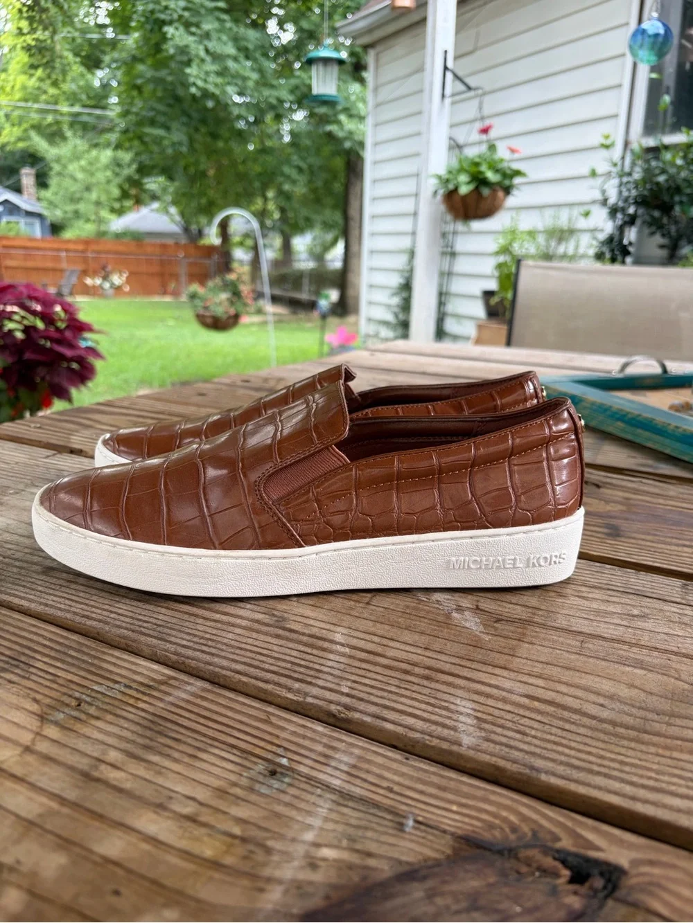 Michael Kors Women’s Brown Croc-Embossed Slip-On Sneakers with White Sole